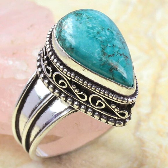 Hand Crafted Jewelry - Handmade Turquoise Gemstone 925 Vintage Antique Ring